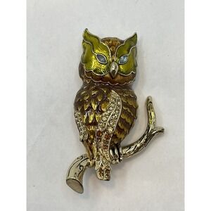 BROOCH PIN BRONZE & GOLD TONE OWL W/RHINESTONE